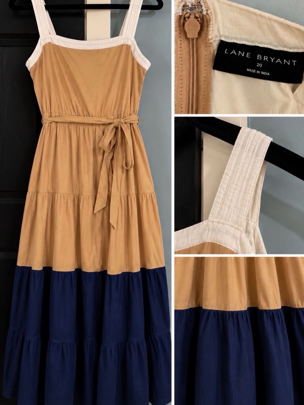 Lane Bryant Tan, Navy & Cream Tiered Tie-Waist Midi Dress